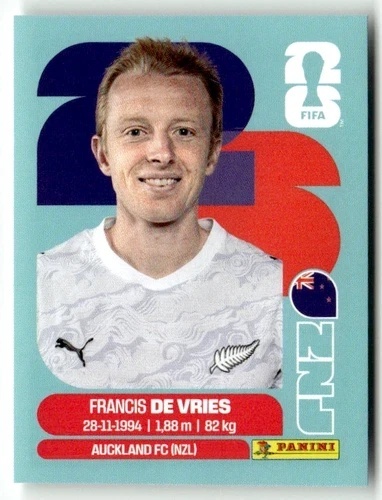 NZL8 Francis de Vries Nowa Zelandia Base Naklejki FIFA World Cup 2026 Panini