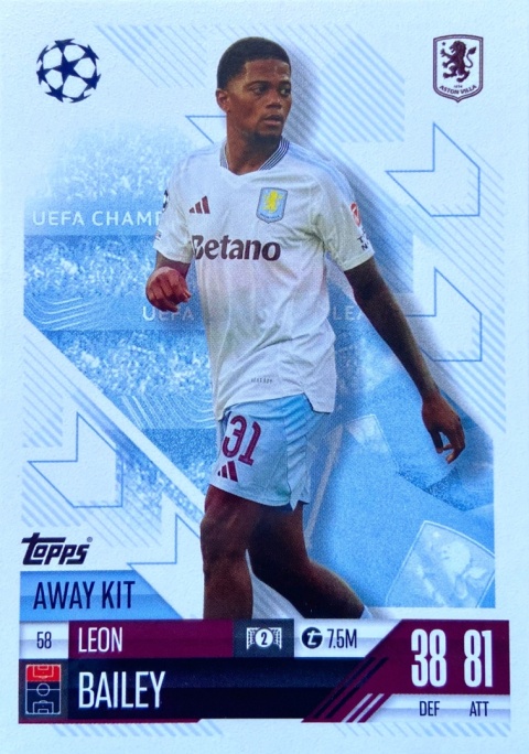 58 Leon Bailey Aston Villa Away Kit Match Attax Extra 2025