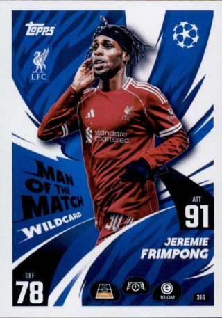 316 Jeremie Frimpong Liverpool Man of the Match Wildcard Match Attax 2025/26