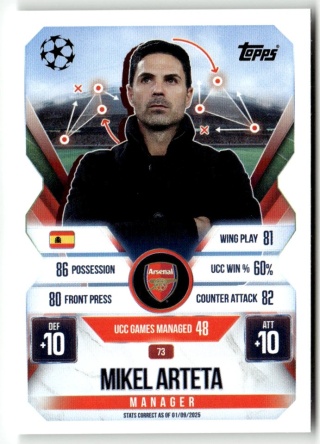 73 Mikel Arteta Arsenal Manager Match Attax Extra 2025/26