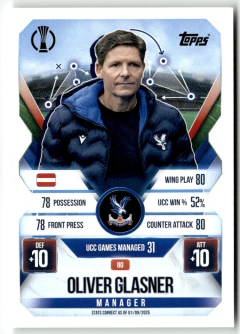 80 Oliver Glasner Crystal Palace Manager Match Attax Extra 2025/26